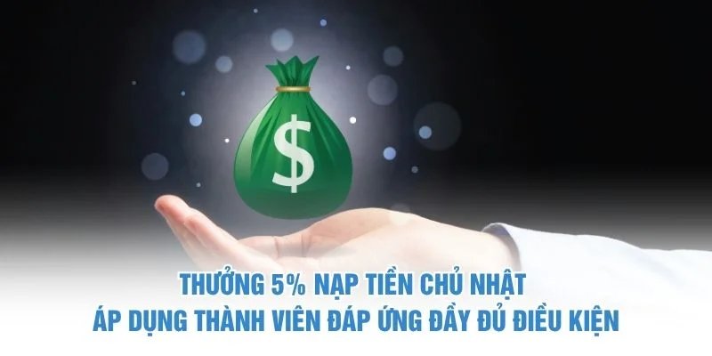Thưởng 5% nạp tiền Chủ Nhật áp dụng thành viên đáp ứng đầy đủ điều kiện Thưởng 5% Nạp Tiền Chủ Nhật